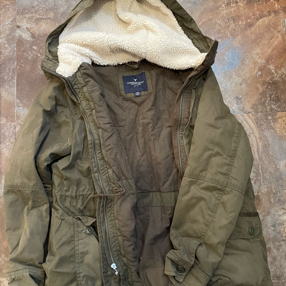 American Eagle Outfitters Olive Jacket with Sherpa Hood